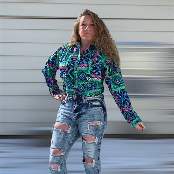 Vintage Tops - Vintage 80s 90s neon abstract geometric western cowgirl shirt MEDIUM